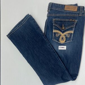 Seven7 Dark Blue Boot Cut Jeans with Gold Embroidery Size 14
